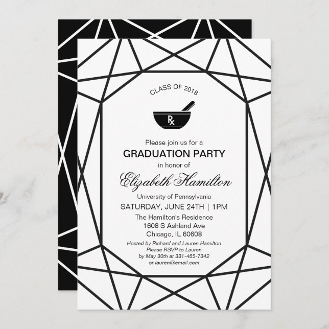 Chic Black & White Gem Pharmacy School Grad Party Invitation (Front/Back)