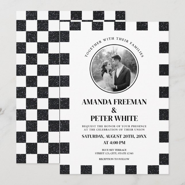 Chic Black & White Glitter Chequerboard Wedding Invitation (Front/Back)