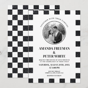 Chic Black & White Glitter Chequerboard Wedding Invitation