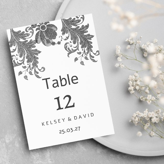 Chic black white glitter floral lace Table Numbers (Chic black white glitter floral lace Table Numbers)