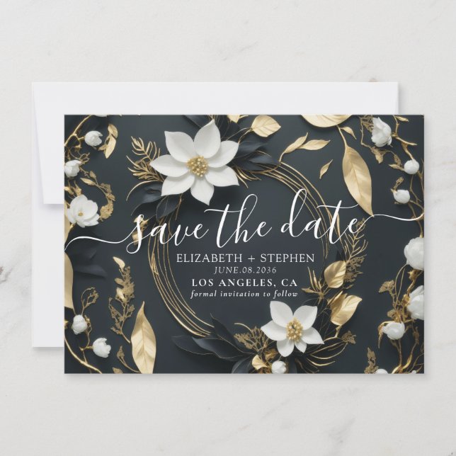 Chic Black White Gold Floral Wreath Wedding Photo Save The Date (Front)