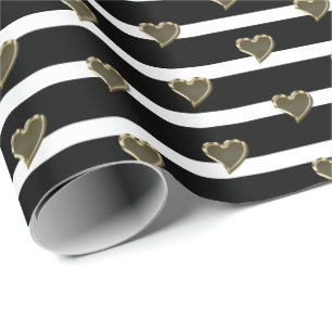 Chic black white gold hearts stripes modern wrapping paper