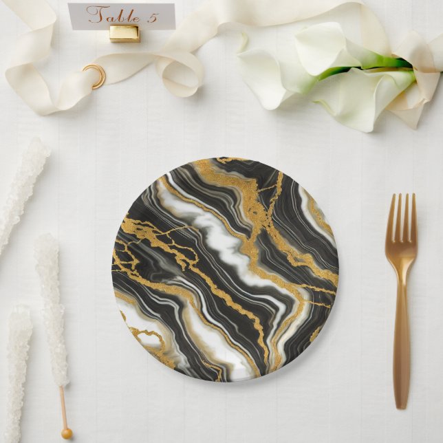  Chic Black White Gold Marble Look Glam Wedding  Paper Plate (Wedding)
