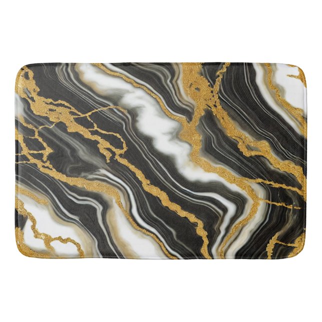  Chic Black White Gold Marble Look Glamour Bath Mat (Front)