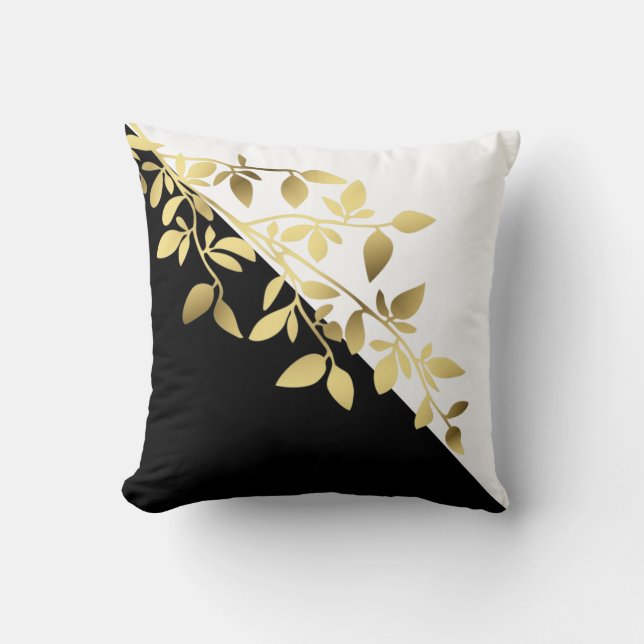 Chic black white gold metallic effect leaf branch cushion (Front)
