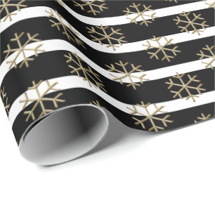 Chic black white gold stripes and snowflakes wrapping paper