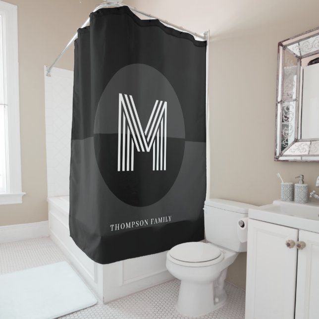 Chic Black White Grey Geometric Modern Monogram Shower Curtain (In Situ)