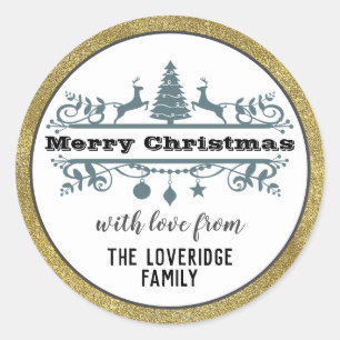 Chic Black White Grey Merry Christmas Gold Glitter Classic Round Sticker