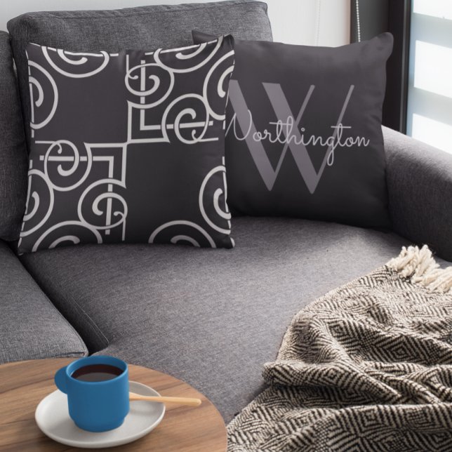 Chic Black White Grey Monogram Throw Pillow (Creator Uploaded)