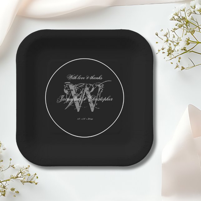 Chic Black White Grey Personalised Elegant Wedding Paper Plate (Black, White and Gray Personalized Paper Plates for an  Elegant Wedding.)