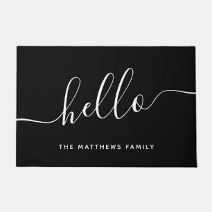 Chic Black White Hello Script Family Name Welcome Doormat