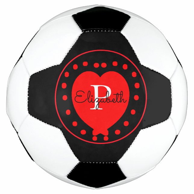 Chic Black White Initial Monogram Red Heart Soccer Ball (Front)