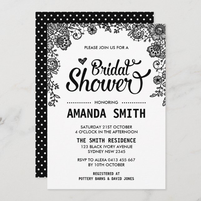 Chic Black & White Lace Bridal Shower Invitation (Front/Back)