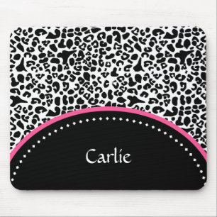 Chic Black White Leopard Print Pink Accent Name Mouse Pad