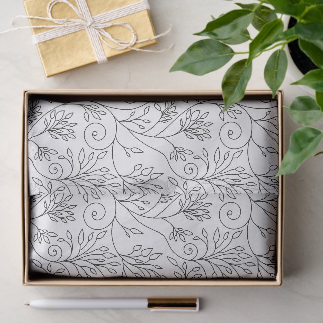 Chic Black White Line Art Vines Floral Pattern Tissue Paper (Gift)