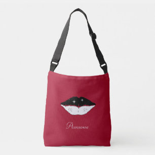 Chic black & white lips & calligraphy on burgundy crossbody bag