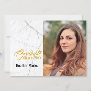 Chic Black White Marble Gold Photo Graduation Invitation