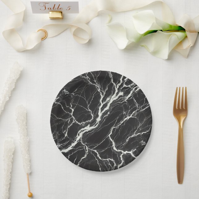 Chic Black & White Marble Look Glamour Paper Plate (Wedding)