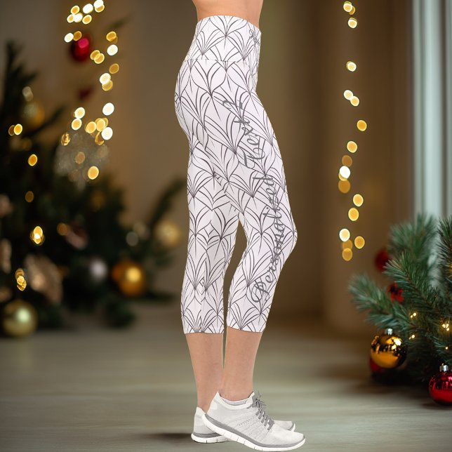 Chic Black & White Minimalist Leaf Pattern Custom Capri Leggings (Creator Uploaded)