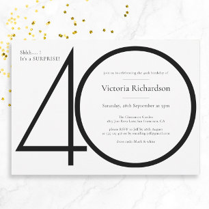 Chic Black White Minimalist Surprise 40th Birthday Invitation
