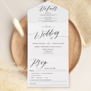 Chic black white modern calligraphy wedding all in one invitation