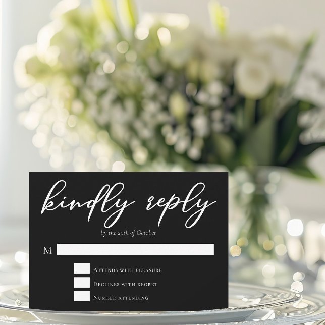 Chic Black White Modern Wedding Kindly Reply RSVP Card (Creator Uploaded)