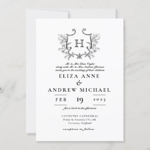 ChIc Black White Monogram Crest Wedding Invitation