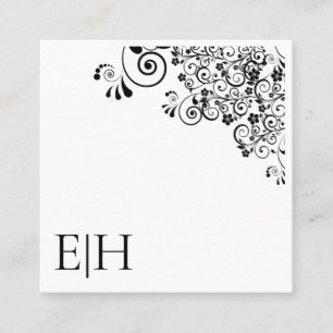 Chic Black White Monogram Floral Scroll Square Business Card