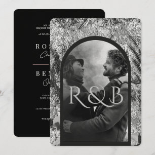 Chic Black White Mountains Arched Photo Wedding Invitation