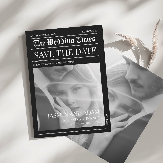 Chic Black White Newspaper Wedding Save The Date (Newspaper Black Dark Mode Unique Photo Wedding Save The Date)