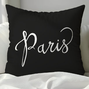 Chic Black & White Paris Typography Cushion