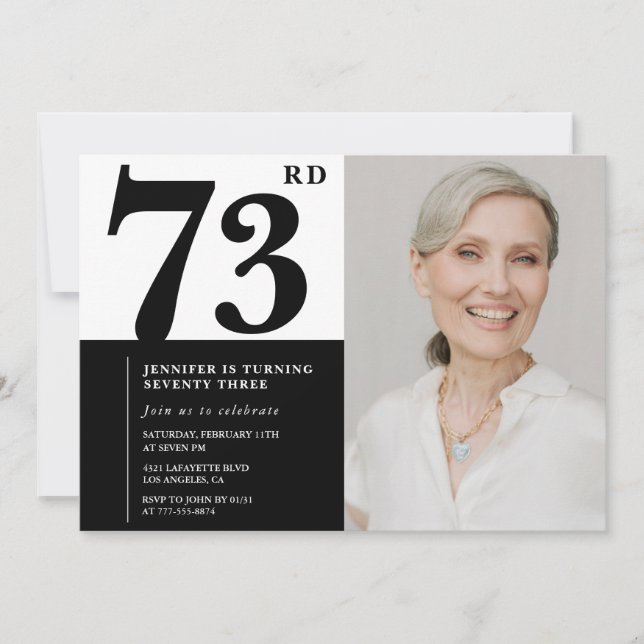 Chic Black White Photo 73rd Birthday Invitation (Front)