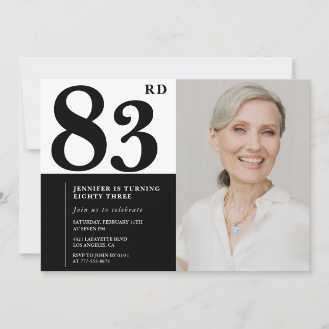 Chic Black White Photo 83rd Birthday Invitation (Front)