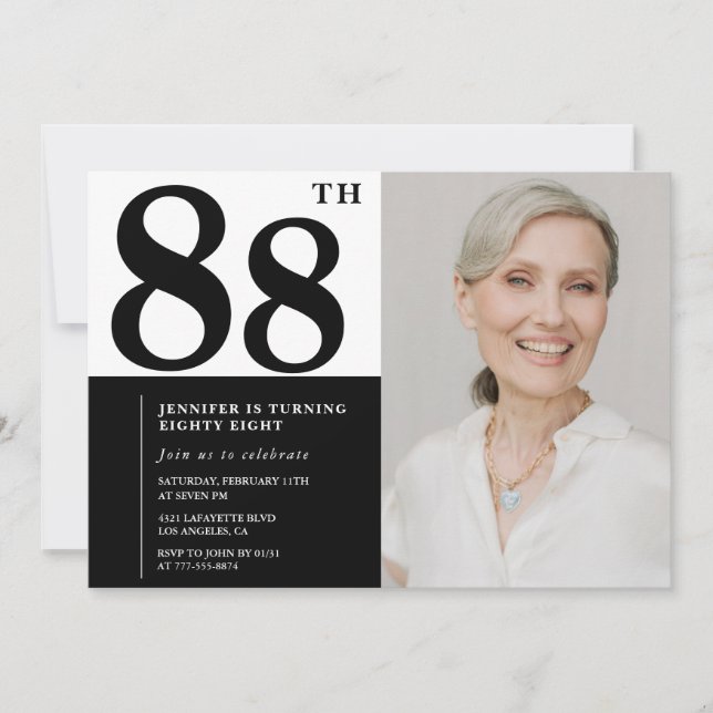 Chic Black White Photo 88th Birthday Invitation (Front)