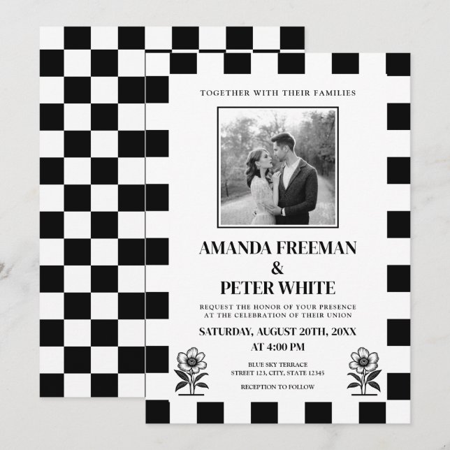 Chic Black & White Photo Chequerboard Wedding Invitation (Front/Back)