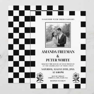 Chic Black & White Photo Chequerboard Wedding Invitation