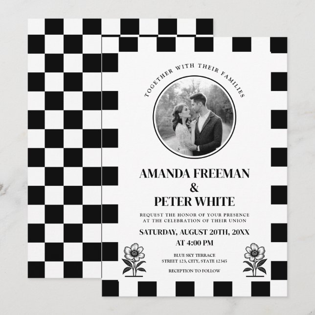 Chic Black & White Photo Chequerboard Wedding Invitation (Front/Back)