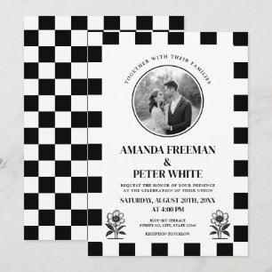 Chic Black & White Photo Chequerboard Wedding Invitation