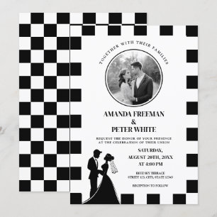 Chic Black & White Photo Chequered Couple Wedding Invitation