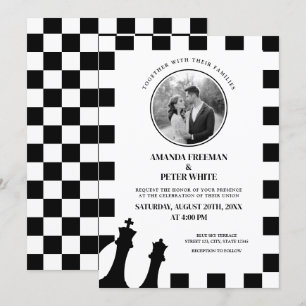 Chic Black & White Photo Chequered Pattern Wedding Invitation
