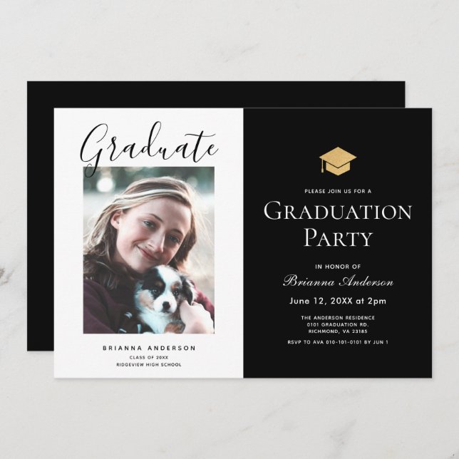 Chic Black & White Photo Graduation Party Invitation (Front/Back)