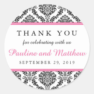 Chic Black & White Pink Damask Wedding Thank You Classic Round Sticker
