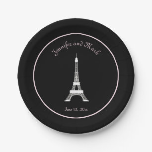 Chic Black White Pink French Eiffel Tower Wedding Paper Plate