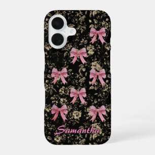 Chic Black White Pink Toile Coquette Bow Monogram iPhone 16 Case