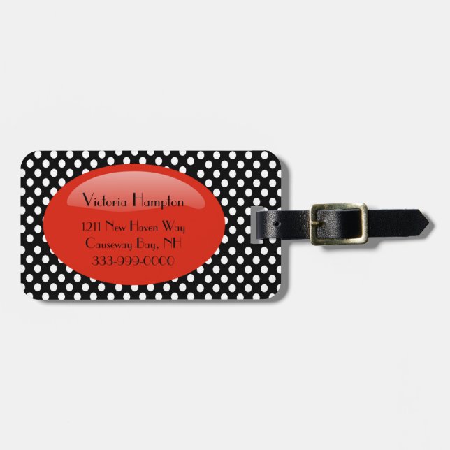 Chic Black & White Polka Dot Luggage Tag (Front Horizontal)