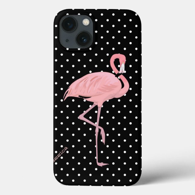 Chic Black & White Polka Dot with Pink Flamingo Case-Mate iPhone Case (Back)