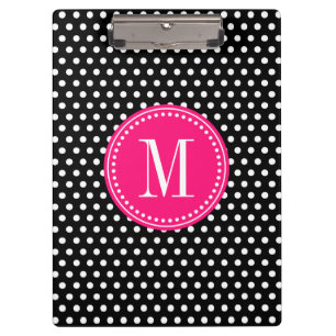 Chic Black White Polka Dots Hot Pink Personalised Clipboard