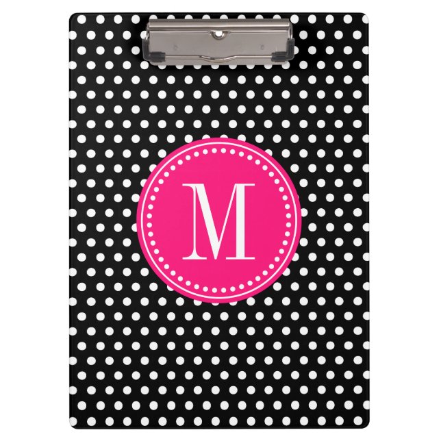 Chic Black White Polka Dots Hot Pink Personalised Clipboard (Front)