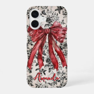 Chic Black White Red Toile Coquette Bow Monogram iPhone 16 Case
