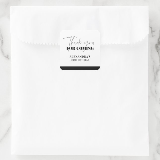 Chic Black White Script Birthday Thank you Square Sticker (Bag)